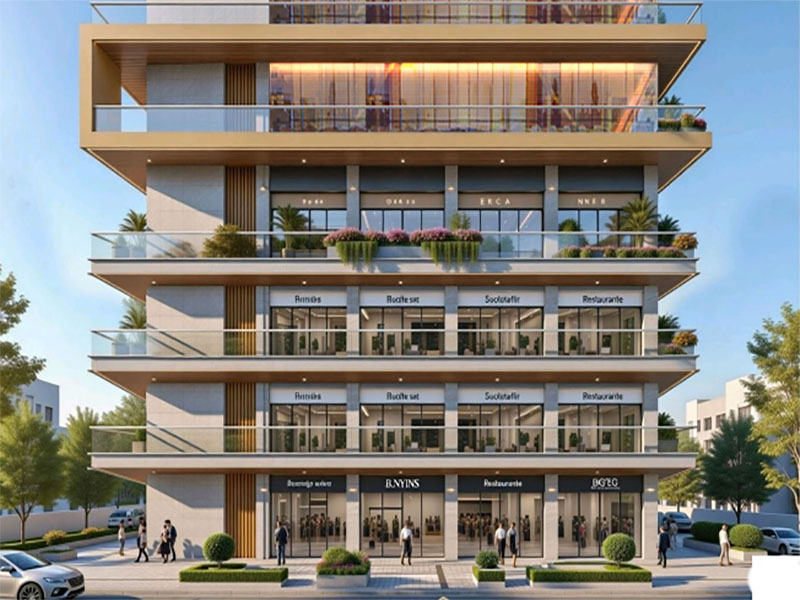 Alpha Grand commercial facade and retail floor elevation, 3D render